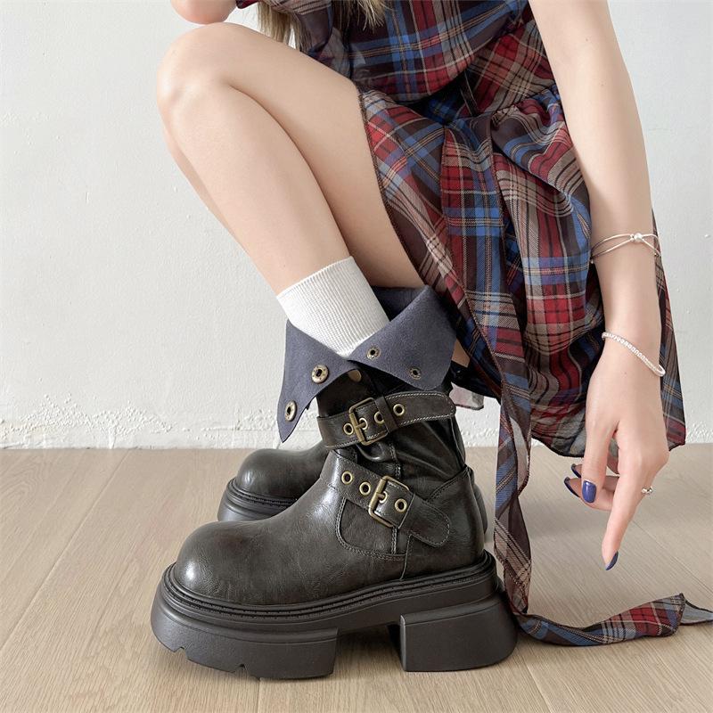 Braune Retro-Martin-Stiefel mit dicker Sohle und dickem Absatz für Damen, neu für Sommer 2025, Britischer Stil, dünne niedrige Schaftstiefel