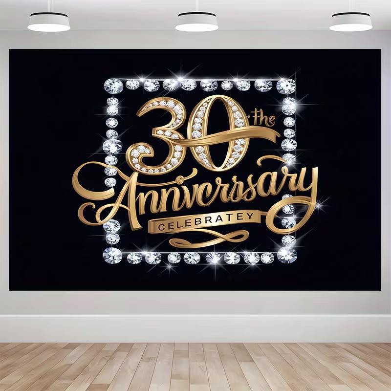 2D 30th Anniversary Celebration Backdrop, Black Gold Diamond Background 47.2x31.5inch/120*80cm