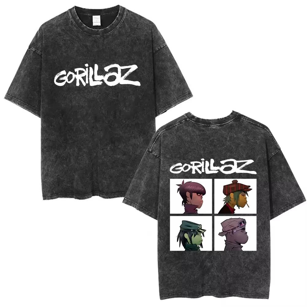 Washed Vintage Rock Band Gorillaz The Now Now Album Graphic Tshirts Men Women Punk Oversized T Shirt Mens Retro Gothic Tshirt L