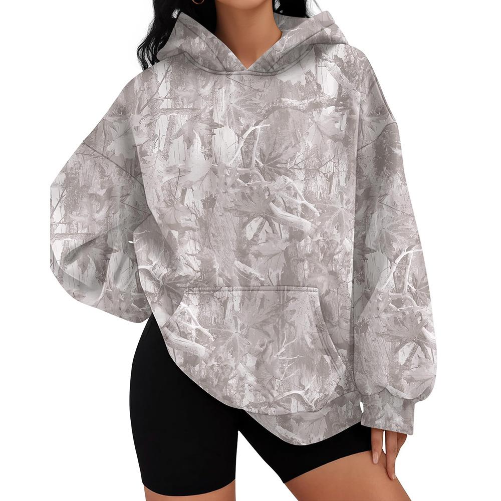 Fall/Winter New Style Women's Loose Fit Sport Shirt with Branch Pattern and Hooded Sweatshirt
