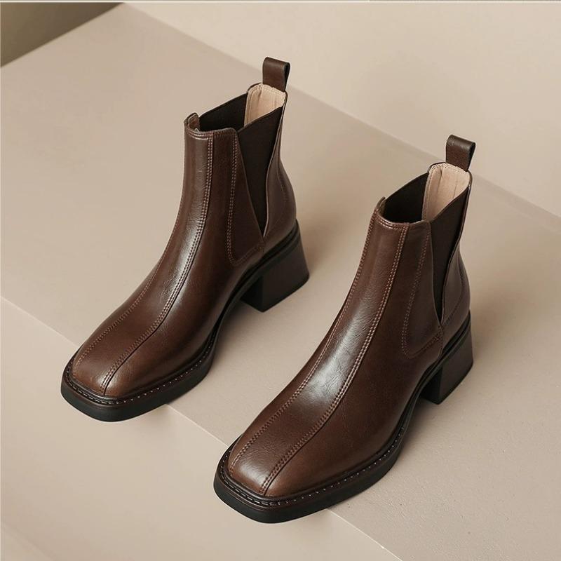 Autumn and Winter Retro Short Boots Women's 2024 New Genuine Leather Thick Heel Square Toe Chelsea Boots High Heel Woman's Shoes