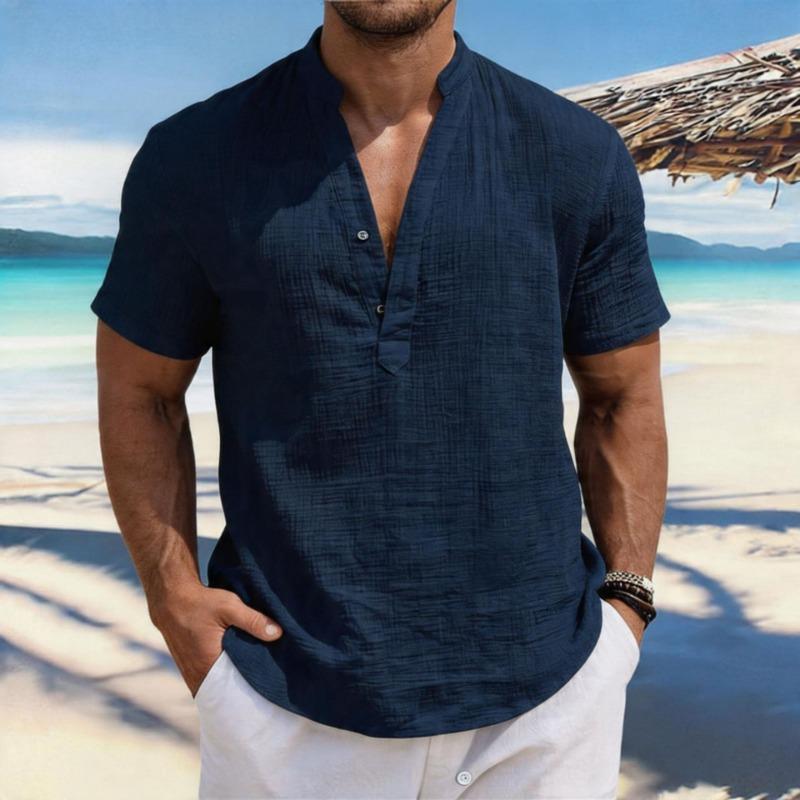Heren Casual Linnen Korte Mouw Henley Shirt