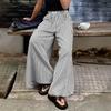 Women Pants with Pockets, Casual Wide Leg Trousers with Elastic Waist, Loose Fit Striped Print Pants for Everyday Wear