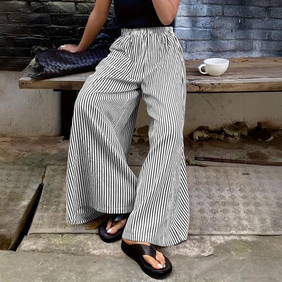 Women Pants with Pockets, Casual Wide Leg Trousers with Elastic Waist, Loose Fit Striped Print Pants for Everyday Wear