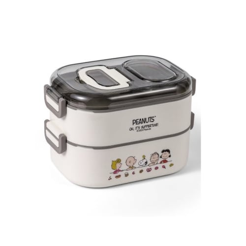 

Snoopy Bento Box, Two-Tier Stainless Steel Lunch Box with Double Buttons, Spoon, Vegetable Compartment, Portable Cutlery Set, Sealed Container, Microw