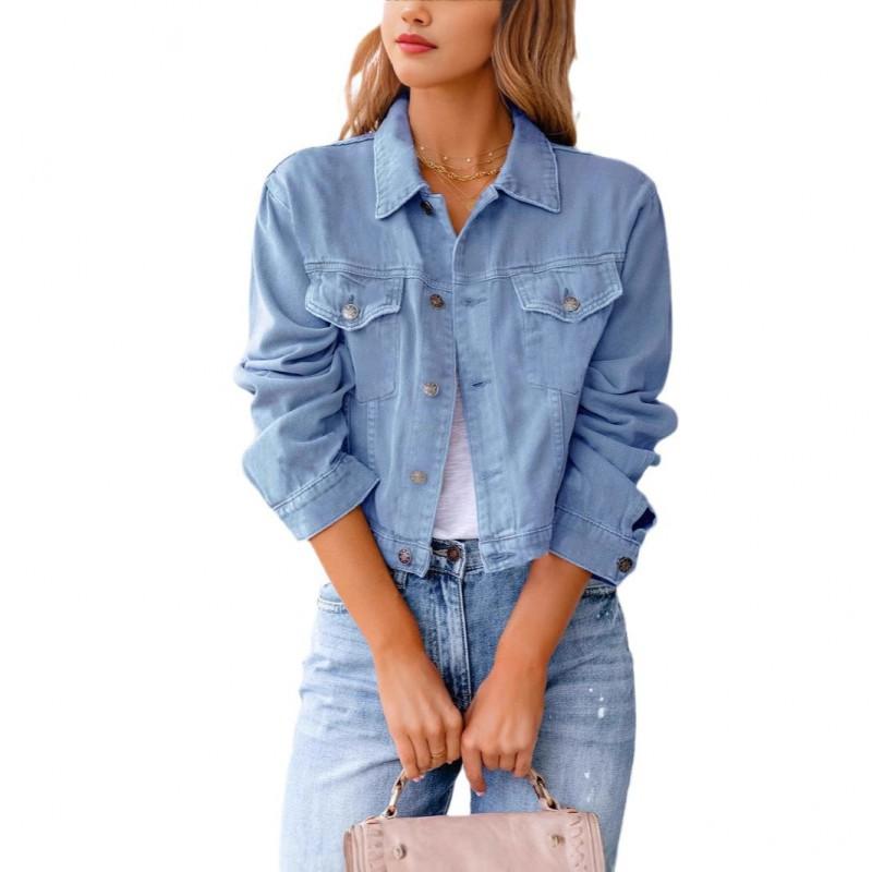Womens Slim Fit Denim Jacket Long Sleeve Casual Chic Blazer Top Blue Black White Pink