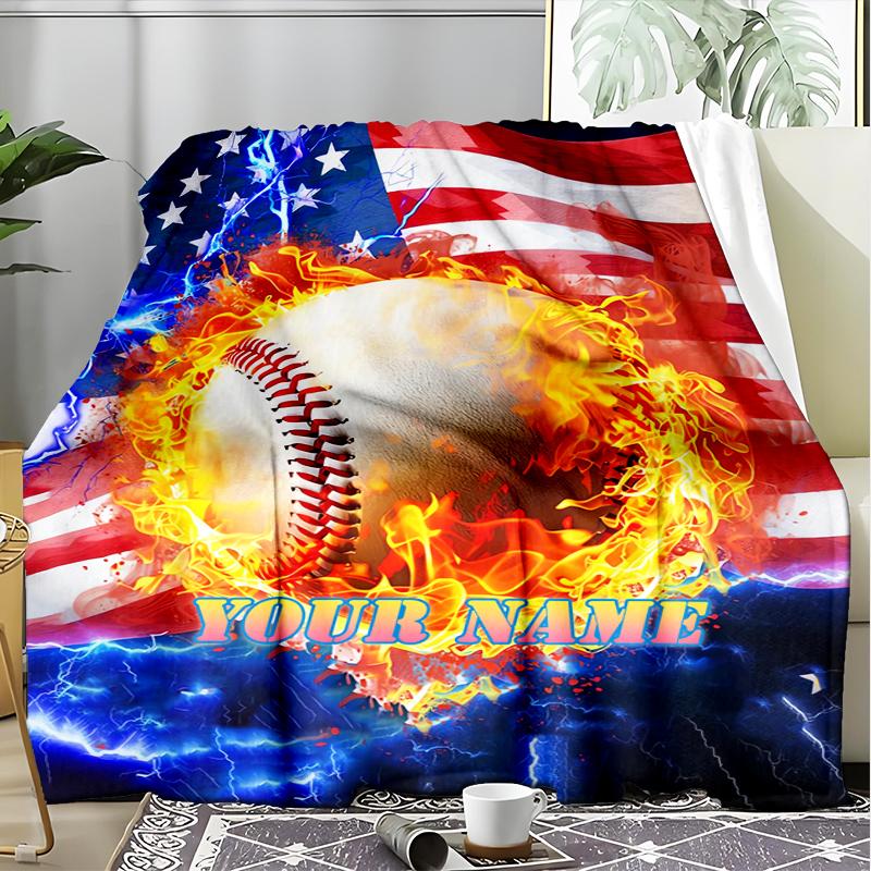 1PC Custom Name Baseball Fire outdooor Flannel blankets Patterns Throw Blanket All-Season Soft Gift for Couch, Bed, Camping gifts