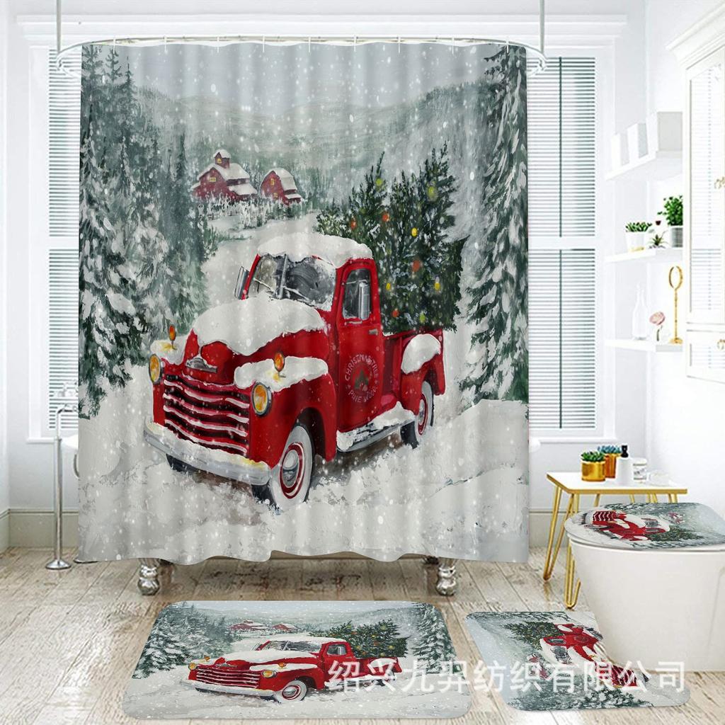Christmas Shower Curtain Bath Tent Bathroom Polyester Door Curtain Curtain Partition Curtain Toilet Seat Four-Piece Set