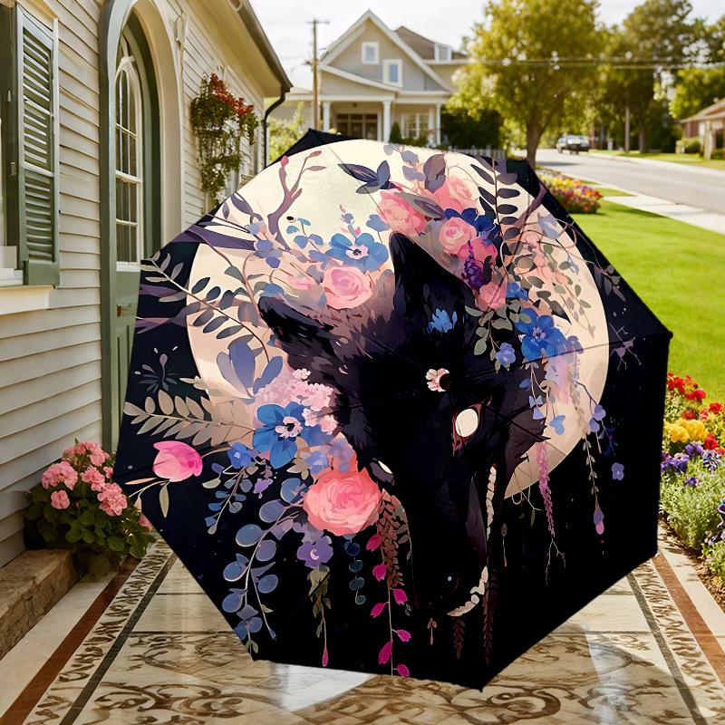 1pc Wolf Flowers Automatic Folding Umbrella 8 Rib Iron Frame, Compact Portable Umbrella Suitable for Travel, Daily Use, Birthday, Women & Men Gift 022