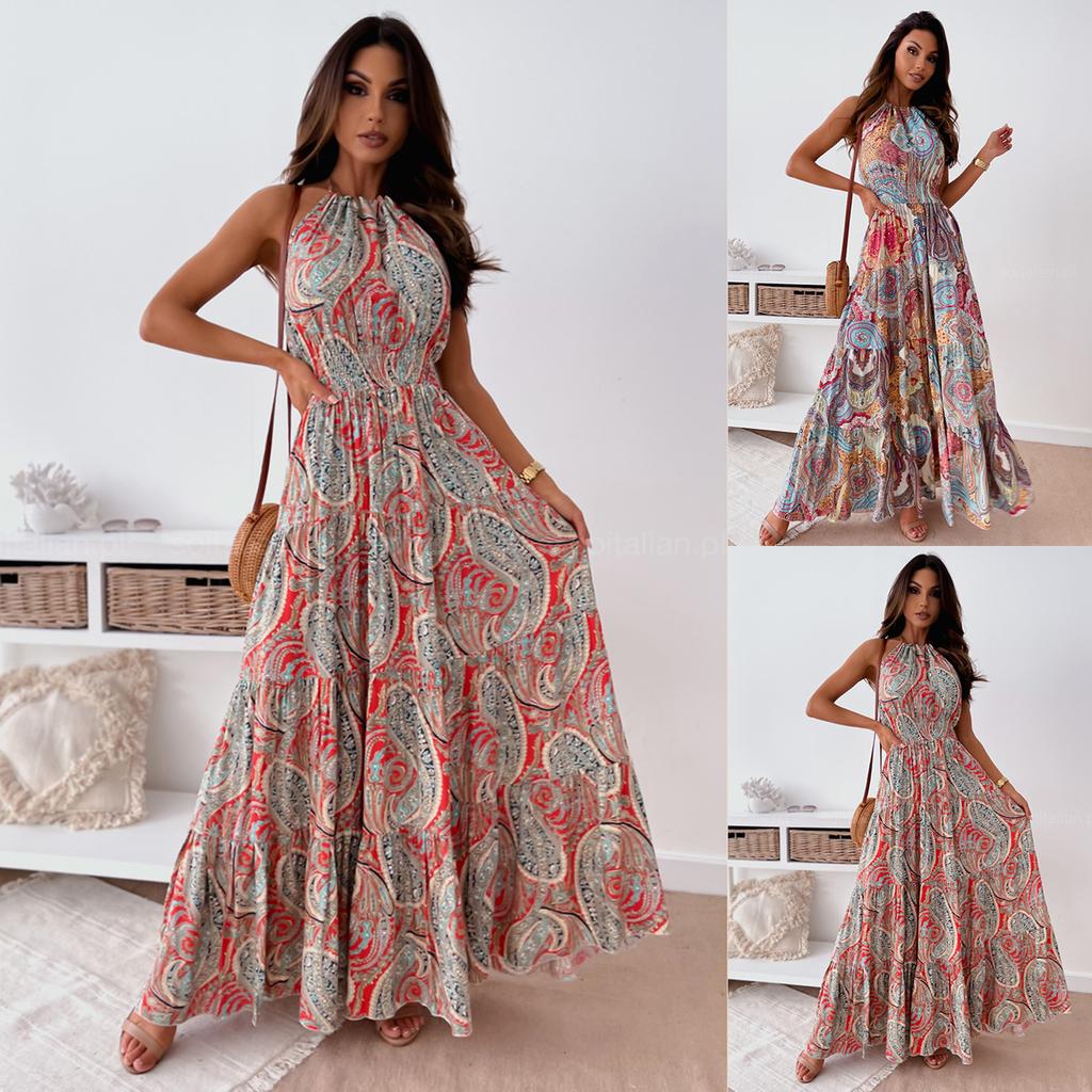 Summer Beach Dress Sexy Bohemian-style Printed Backless Suspender Long Dress for Women
