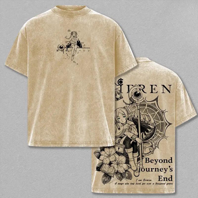 Frieren Beyond Journey's End Printed Tee Men Women Washed Cotton T-shirts Manga Vintage T Shirt Harajuku Short Sleeve Tshirt
