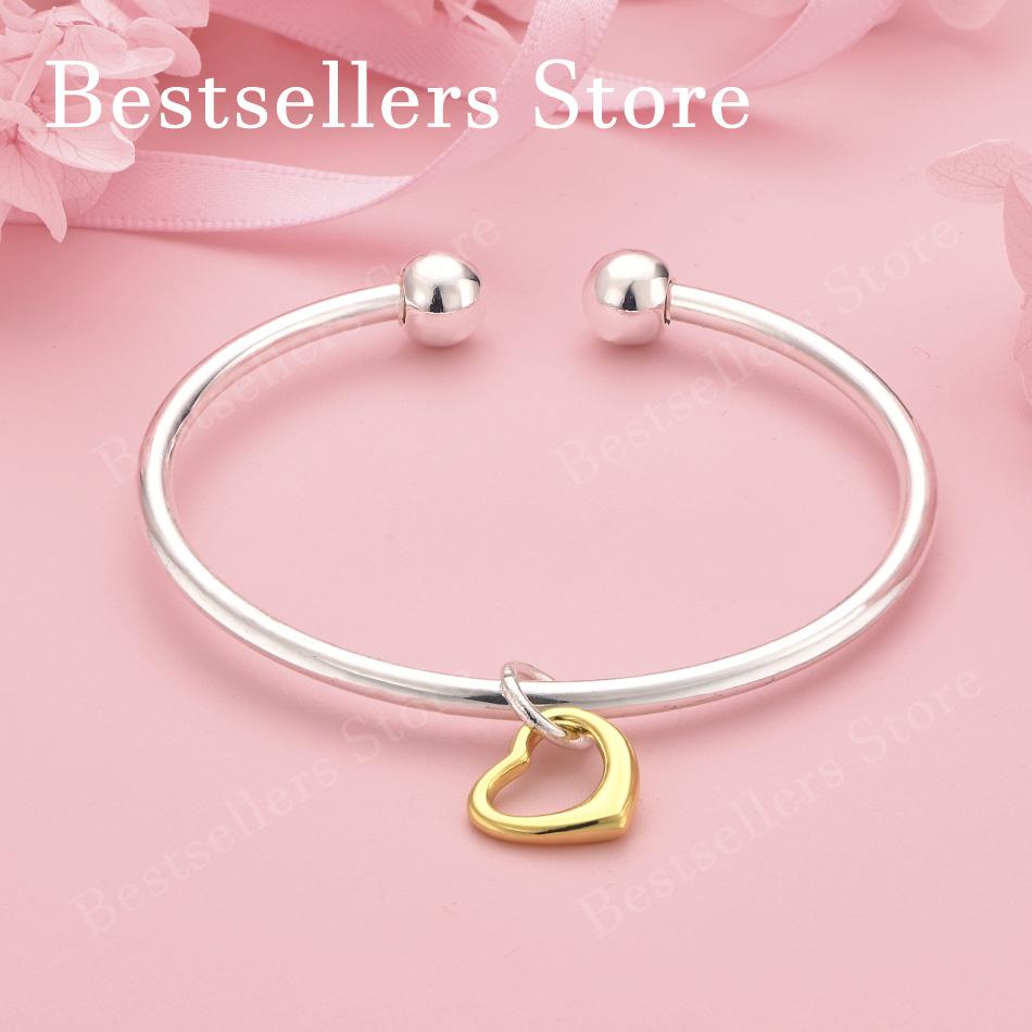 Luxurious 925 sterling silver exquisite gold heart-shaped open bracelet for women's fashion parties, wedding jewelry