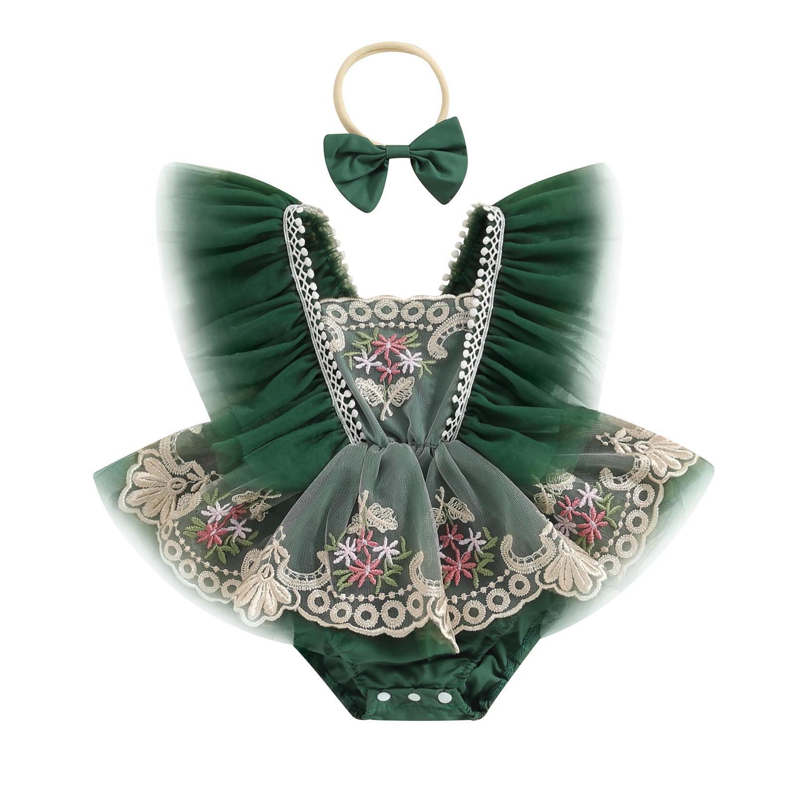 

Наряд для новорожденных девочек 3, 6, 12, 18, 24 месяцев, тюлевой комбинезон с цветочной вышивкой и рукавами-крылышками, платье в стиле пэчворк с бантом, летняя одежда 12-18 Months зелёный