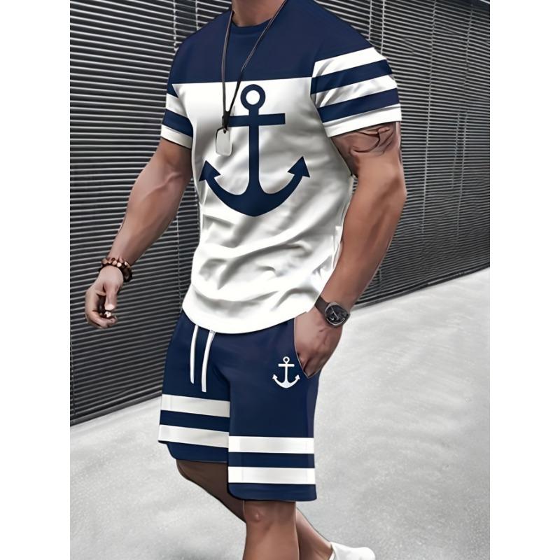 Men S Casual Print Outfit Featuring a Color-Blocked Anchor Design, Including a T-Shirt And Shorts 2XL