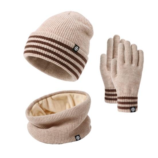 3Pcs/Set Winter Hat Scarf Gloves Set Striped Print Thickened Velvet