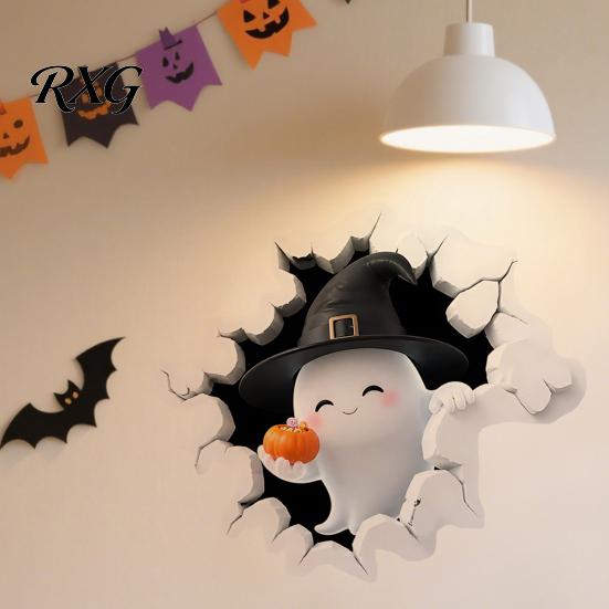 Bat Wall Stickers for Halloween Stickers, 3D Broken Effect with Ghost Skeleton Pumpkin Decals, Self-Adhesive Waterproof Decor Mural Living Room