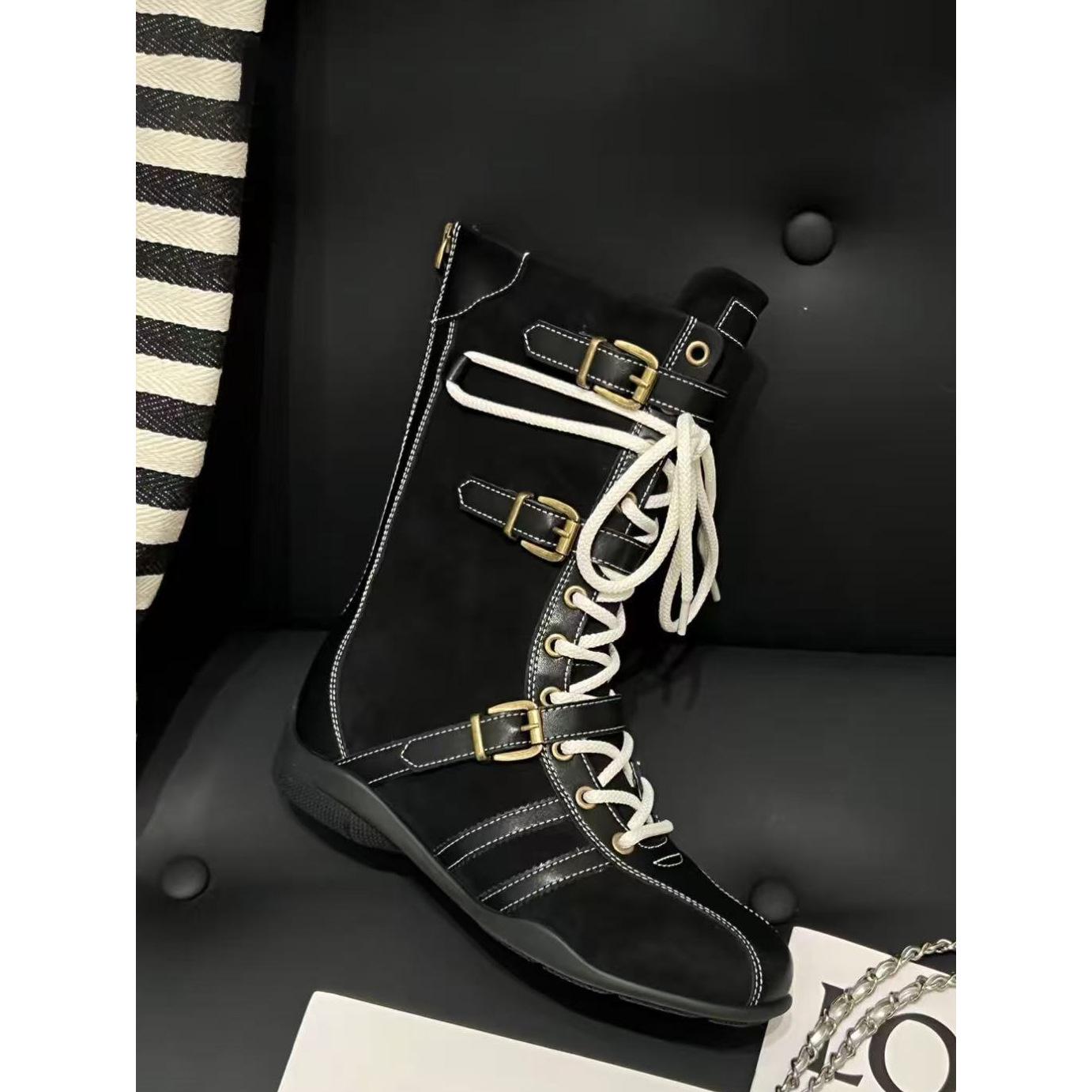 

[Fanfuna] Retro knight short boots women s 2025 autumn and winter boots lace-up western boots niche flat short boots women 40 чёрный