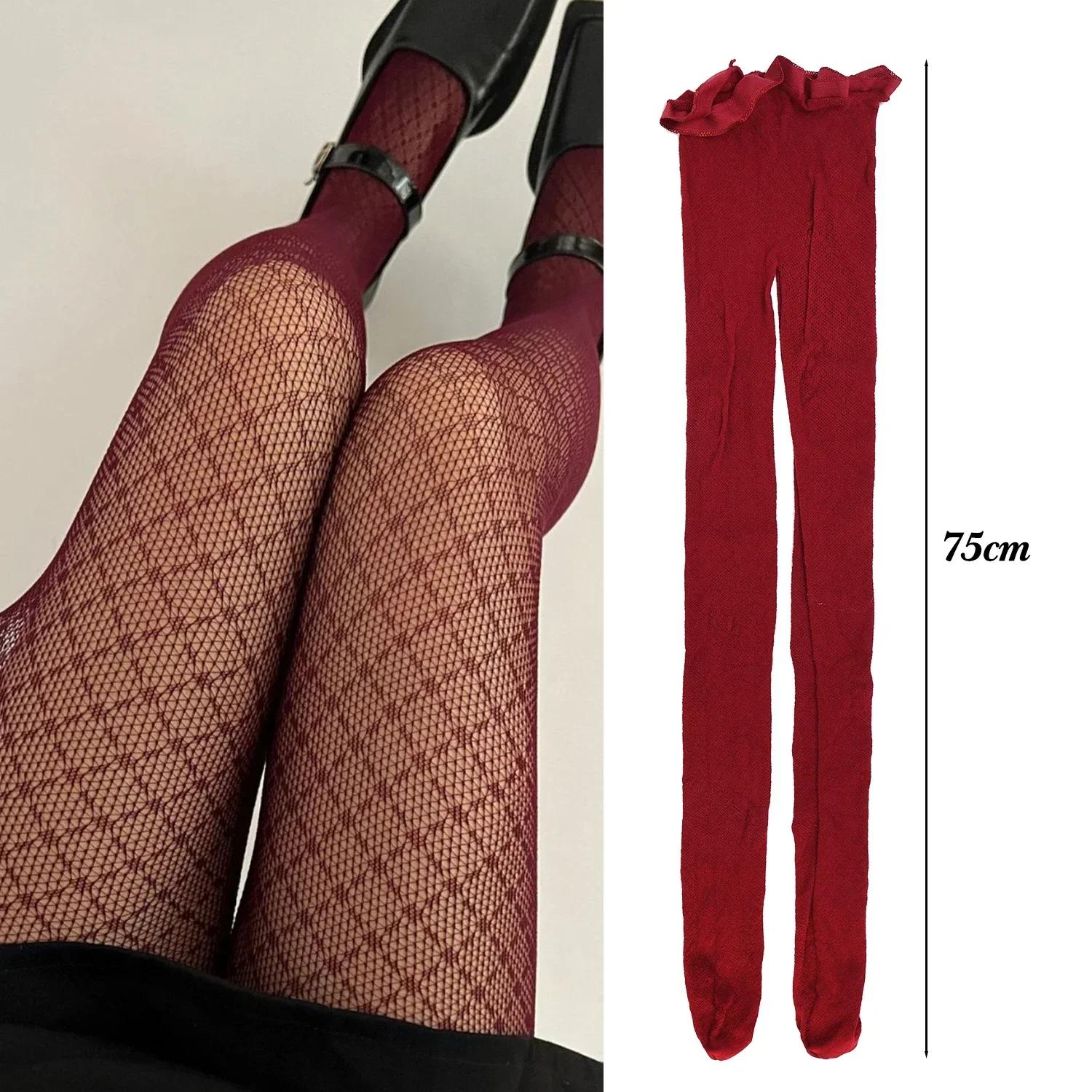 

Women Sexy Lace Fishnet Stockings Rhombus Plaid Red Retro Pantyhose Tie Mesh Tights See Through Beautify Legs Long Socks High Quality One Size