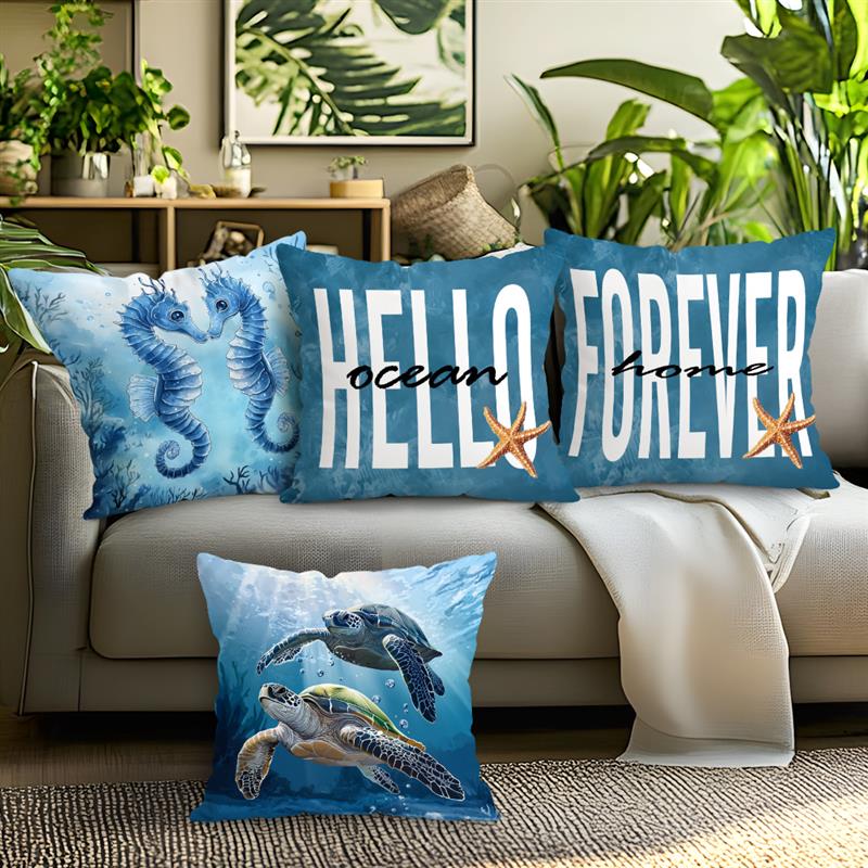 Seahorse And Turtle Sofa Cushion Cover Comfortable Pillow Office Cover Living Room Home Decor Modern Printed Pillowcase Blue