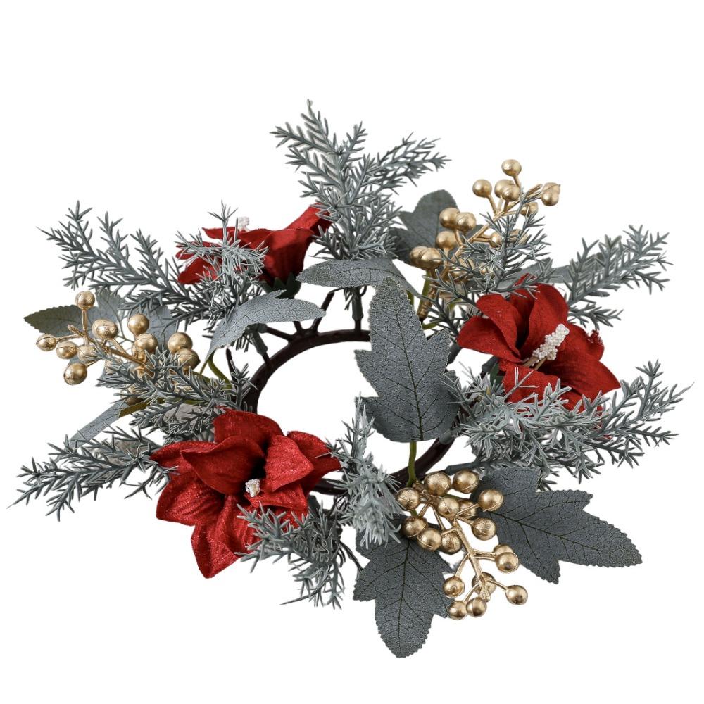 

Small 25cm Christmas Candle Rings Artificial Plastic Candle Holder Rings with Flower Xmas Candle Wreath