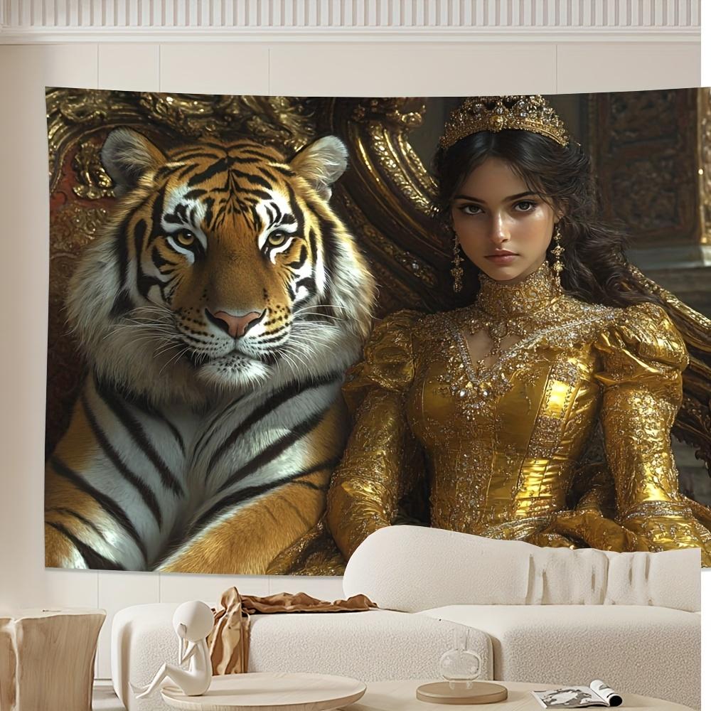 Girl and Tiger Theme Digital printing polyester wall hanging tapestry decorative Living room bedrooms Office background gift