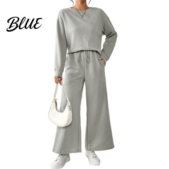 Round Neck Top And Wide-leg Pants Set 2 Pcs/Set Women Suit O Long Sleeves Solid Color Sport Loose Fit Sweatshirt Drawstring Elastic Waist Wide