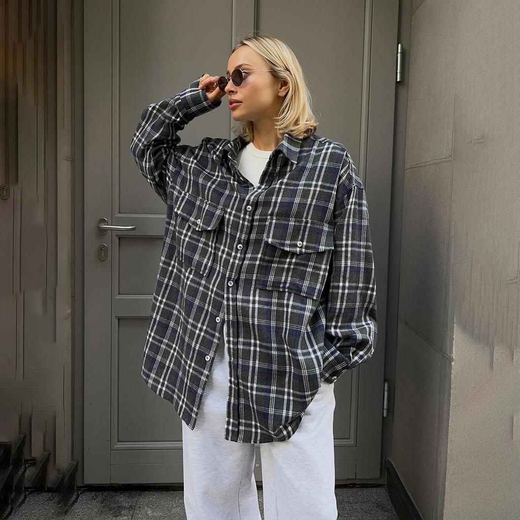 Frauen Frühling Herbst Temperament Plaid Anzug Kragen Langarm Hemd Blusen