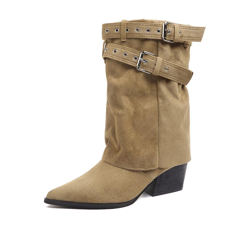 Fashion Autumn Mid-Cone Boots Fashion Pointed Toe Sleeve Non-Slip Wear-Resistant Block Heel
