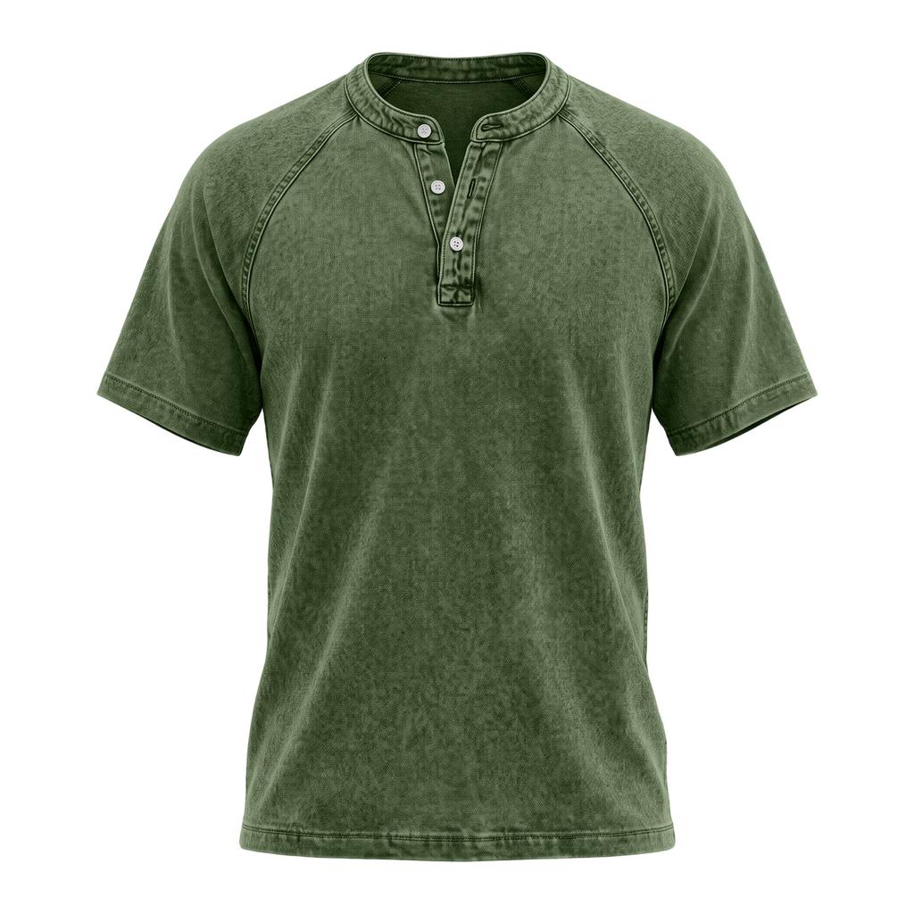 Men's Casual Short Sleeve Button Collar Pullover Shirt Slim Fit Distressed Wash