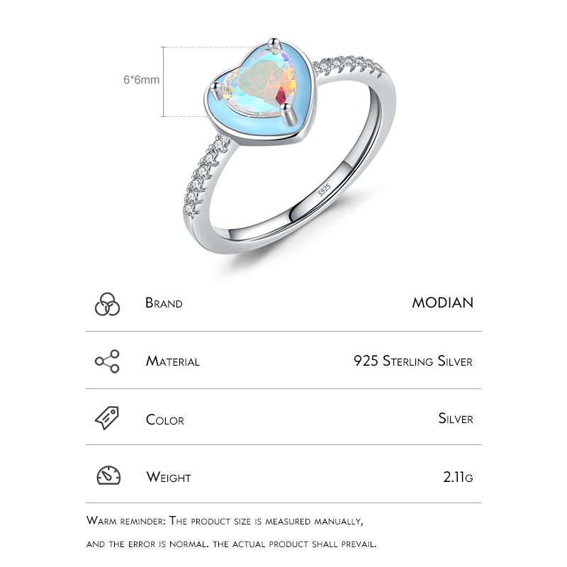MODIAN Inel romantic cu inimă cu email albastru din argint 925, culoarea curcubeului, zirconiu, bijuterii fine pentru femei, cadou de nuntă