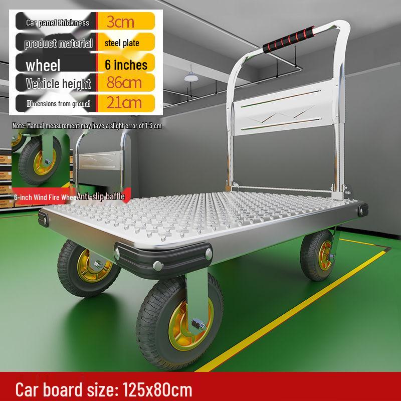 Lightweight Folding Flatbed Hand Truck - Silent, Thickened Steel Plate, 4-Wheel Trolley for Household Use