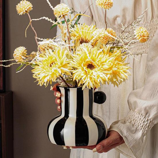 Colorful Striped Vase Ceramic Vase with Handle Desktop Decorative Vase for Flower Arrangement Living Room Bedroom Decor