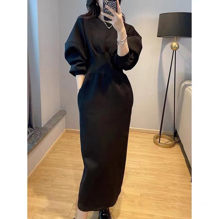 Elegantes französisches Hepburn-Stil-Kleid für Damen Herbst Taille Empire-Linie Hochtaillierter Faltenrock