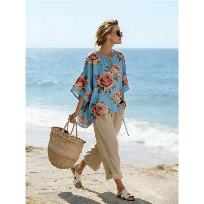 European and American bohemian style women's vacation style retro printing loose new round neck linen casual suit