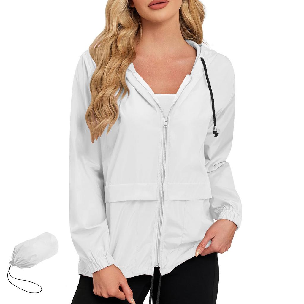Womens Lightweight Waterproof Windproof Outdoor Jacket Full Zip Hooded Raincoat Casual Shell Coat with Adjustable Drawstrings