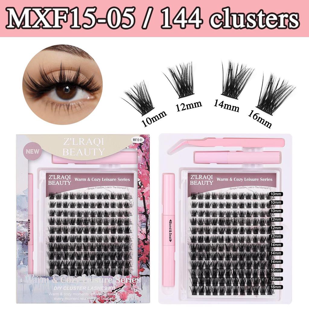 144 Stück 5D Cluster Wimpern Kit Gemischt 10-16mm D-Schwung Flauschiges DIY Wimpernverlängerungs-Set mit Kleber, Versiegelung und Pinzette