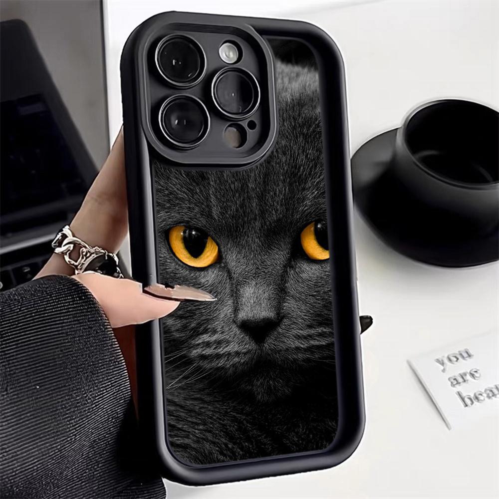 LZ3 Black Cat Green Eyes Silicone Phone Case for iPhone 11 13 14 15 16 Pro Max 7 8 16 Plus 12 mini XS Max XR Shockproof Back Cover