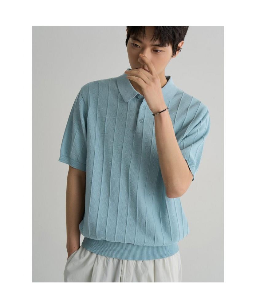 8SECONDS Texture-Modified Cool Touch Collar Neck Short Sleeve Knit Sky Blue