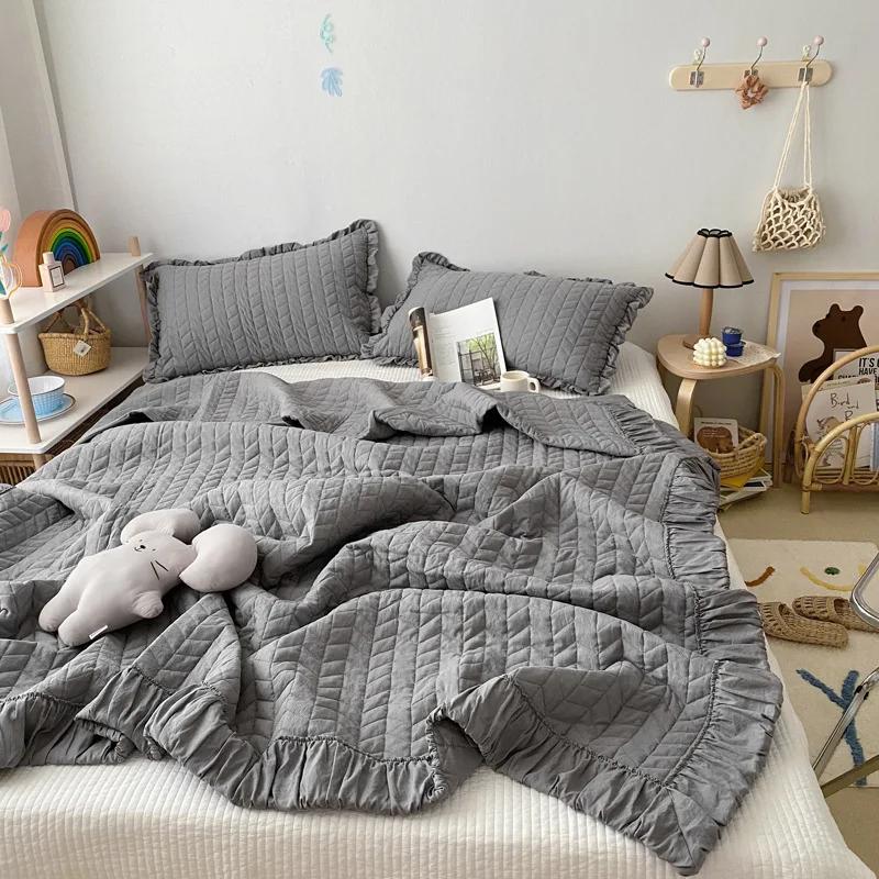 

Корейский стеганый летний комплект одеял с оборками или одиночное одеяло, высококачественные плиссированные одеяла принцессы, мягкое, приятное для кожи тонкое одеяло 200x230cm 3 pcs set