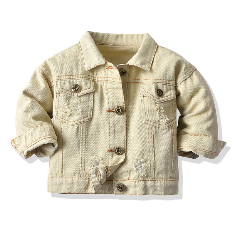 Autumn Unisex Short Denim Jacket Korean Style  Baby Vintage Turn-down Collar Ripped Denim Long Sleeve Top Trendy Style