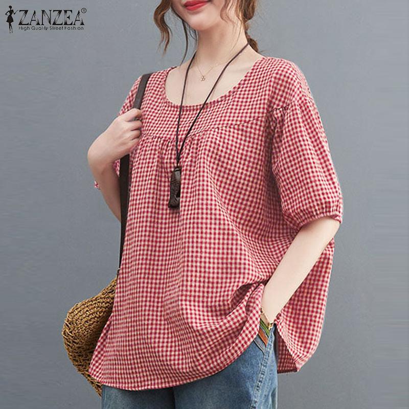 ZANZEA Women Casual Crew Neck Half Sleeve Grid Printed Blouse
