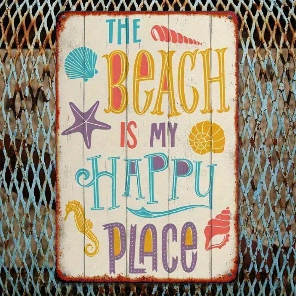 Vintage Tin Sign The Beach Is My Happy Place Coastal Retro Wall Art Bar Kitchen Decor