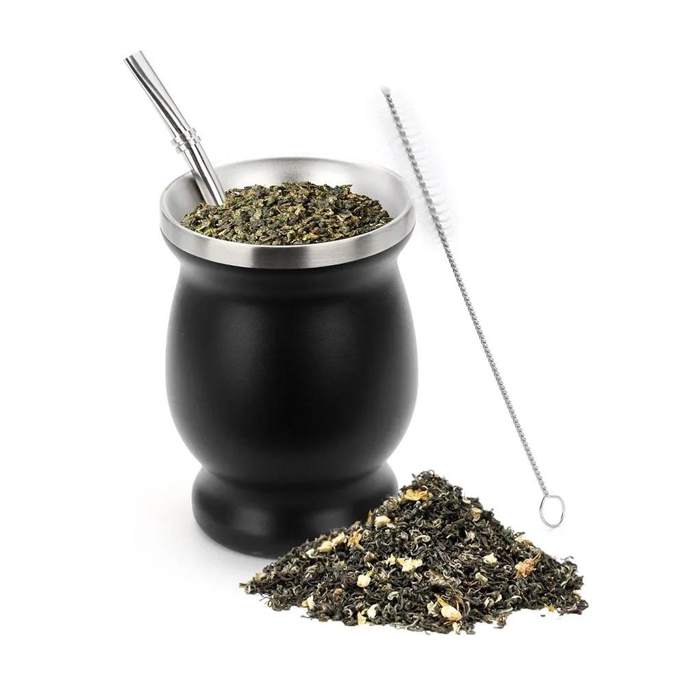 230ML 304 Stainless Steel Mate Cup Double Wall 8oz Portable Tea Mug Mate Gourd with Bombillas and Cleaning Brush