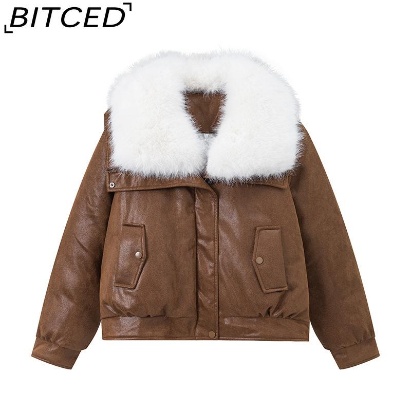 BITCED Women's Short Down Jacket with Oversized Fur Collar Winter Stylish Quilted Coat Thickened Outerwear American Style