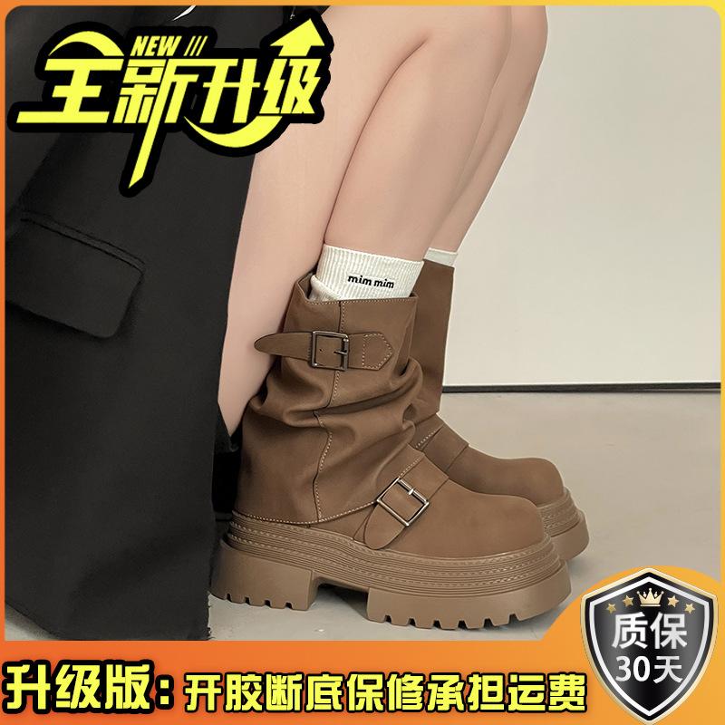 Vintage British style belt buckle thick-soled Martin boots women's 2025 autumn and winter new thin pile short boots fashion boots