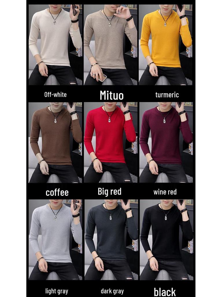 Men's White Round Neck Long Sleeve Knit Sweater for Spring, Autumn, and Winter