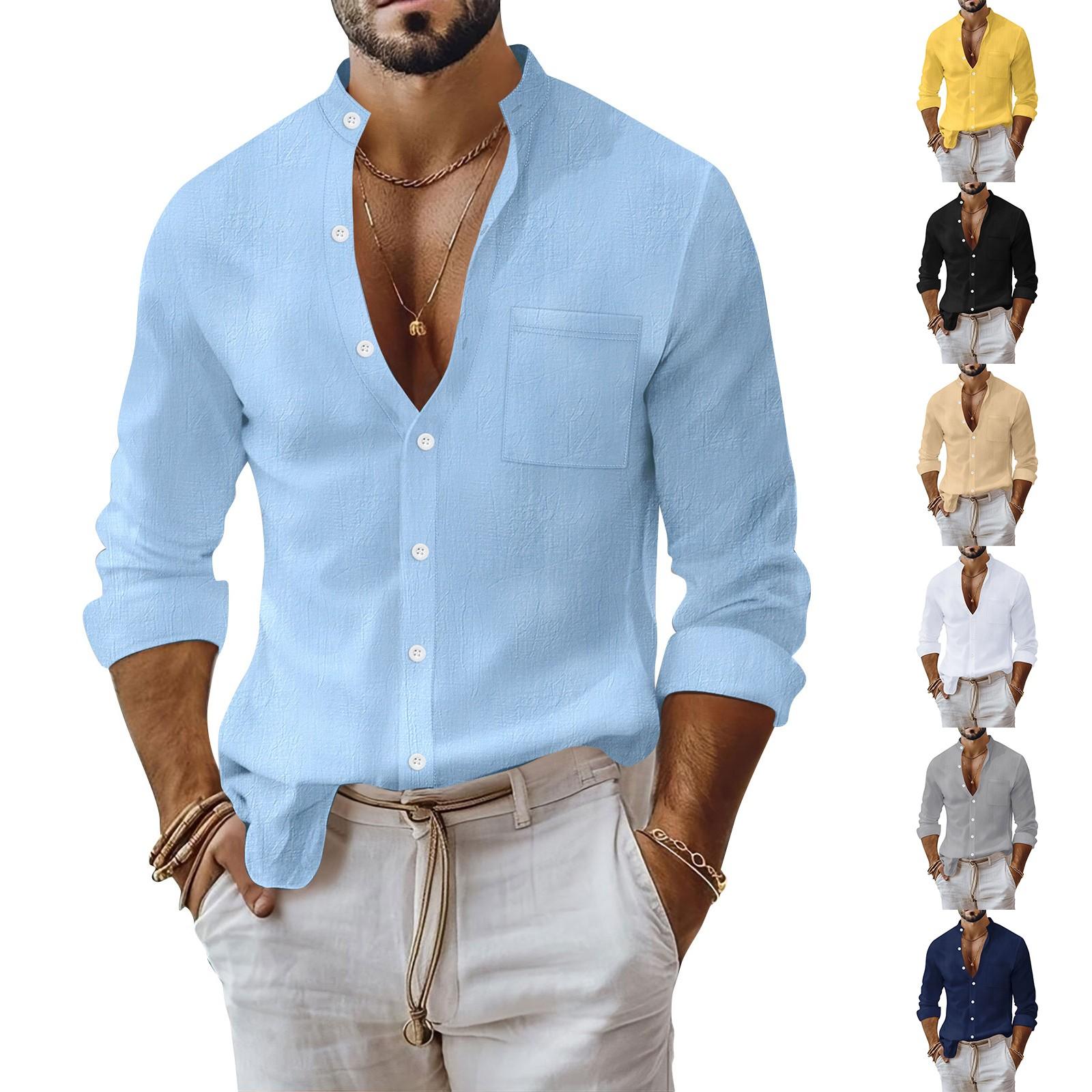 

Men s Cotton-Linen Slim Fit Casual Business Shirt - Solid Color Pocket Stand Collar Long-Sleeve Button-Down XL жовтий
