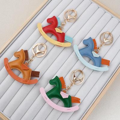 Children's Cartoon Rocking Horse Keychain - Handmade Wooden and Leather Pendant