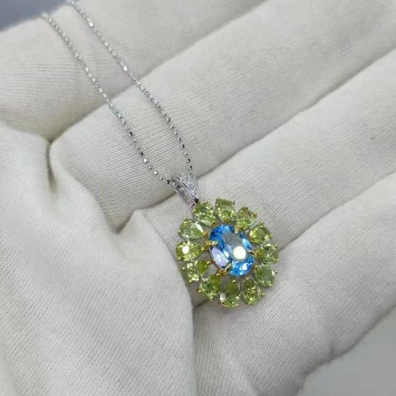 Sace Gems Anhänger für Damen, 925er Sterlingsilber, natürlicher Schweizer Blautopas und Peridot, Halskette, edler Schmuck, Geschenke