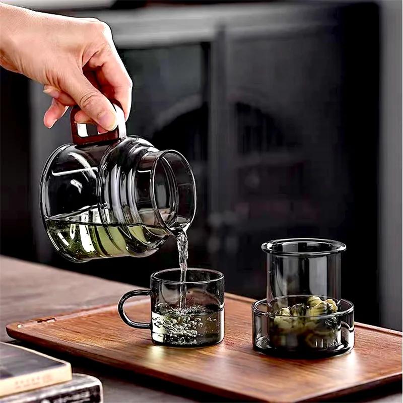 400ml Reusable Heat Resistant Glass Tea Cup with Infuser Filter and Wooden Handle Office Tea Separation Mug Flower Tea Mugs